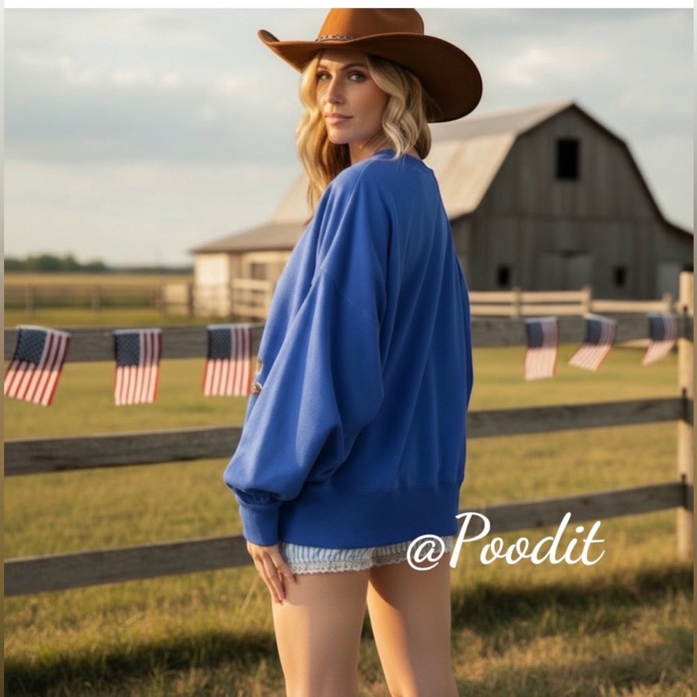 PEACH LOVE CALIFORNIA blue sequin bear patriotic oversized top S M L - Picture 3 of 5